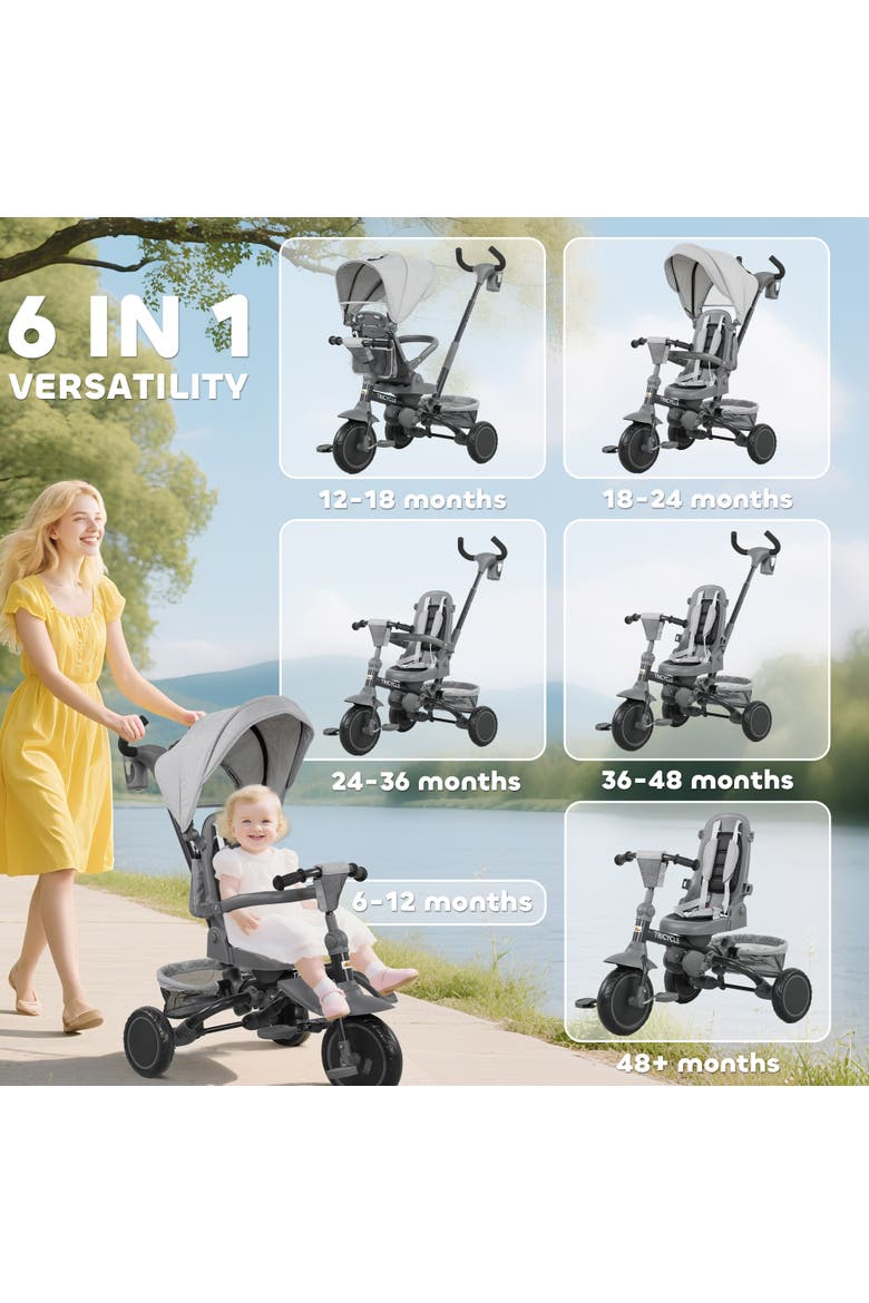 Kids Tricycle with Adjustable Push Handle and Removable Canopy, Alternate, color, Gray