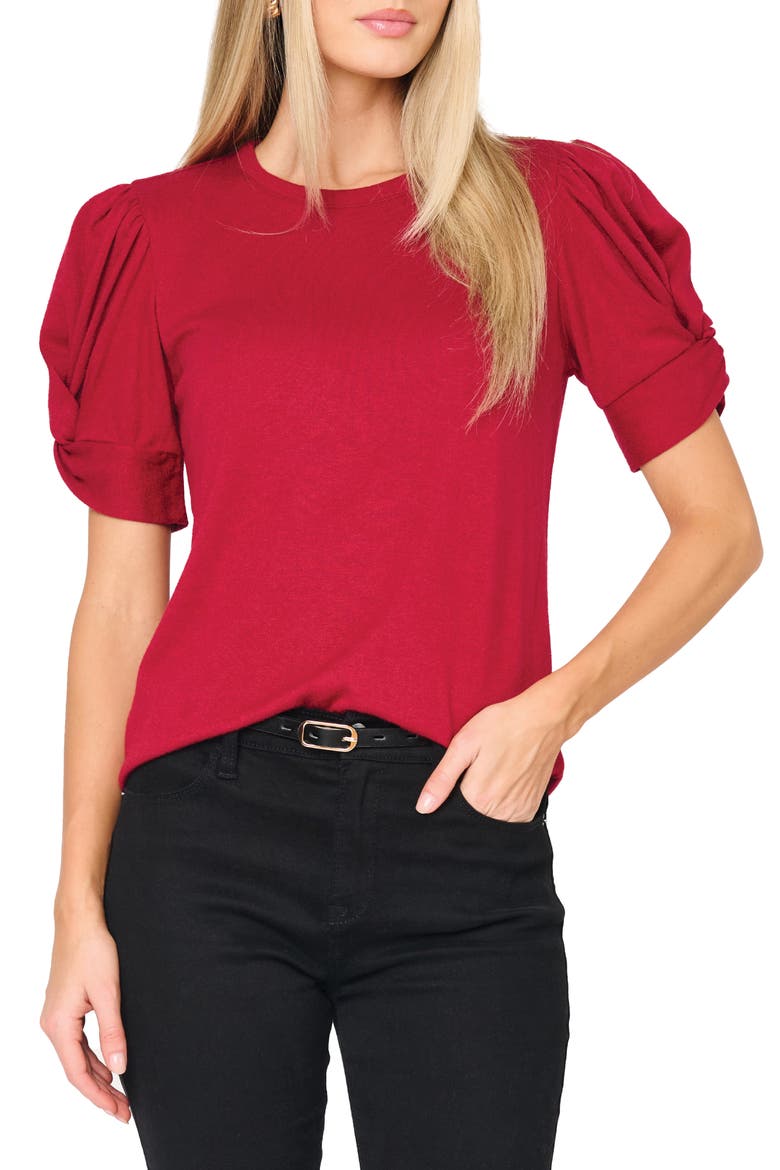 Twist Puff Sleeve Luxe T-Shirt, Main, color, CRANBERRY