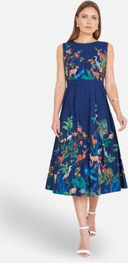 Yumi Animal Print Cotton Midi Skater Dress