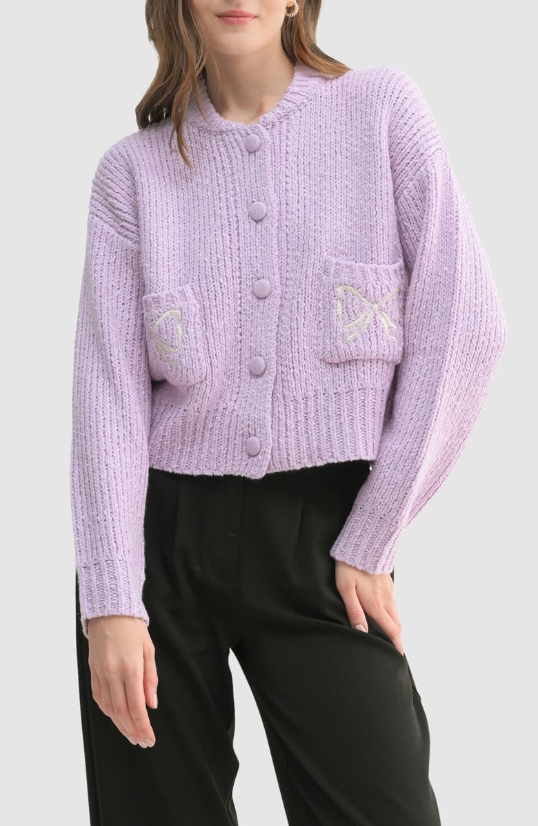 Lush Bow Embroidered Bouclé Cardigan, Main, color, Lilac