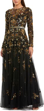 Mac Duggal Hand Beaded Mesh Long Sleeve High Neck A Line Gown