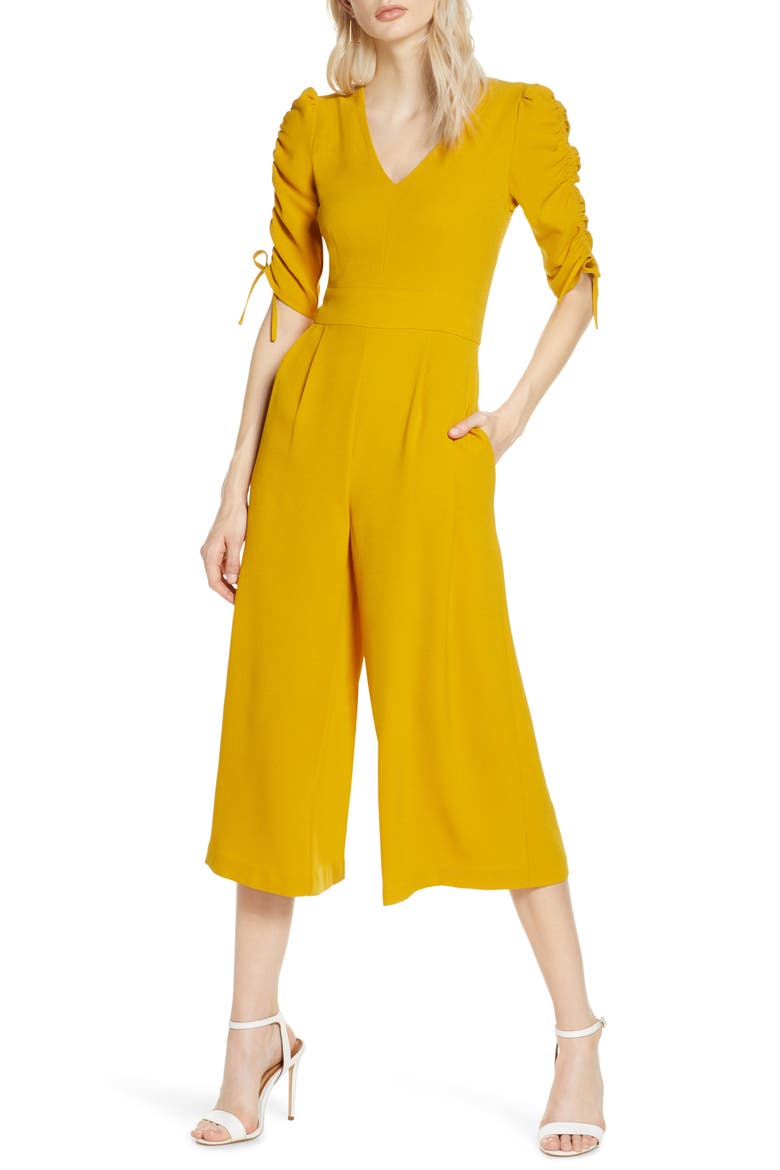 Ruched Sleeve Crop Wide Leg Jumpsuit, Main, color, YELLOW MUSTARD