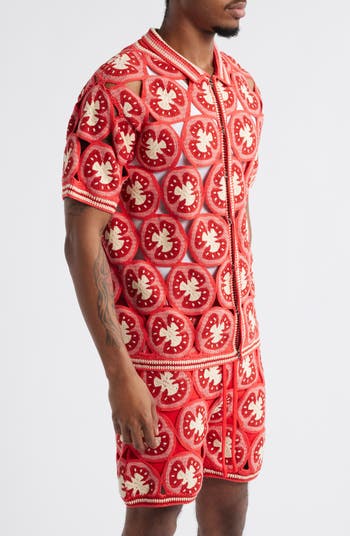 Ciao Medallion Crochet Short Sleeve Organic Cotton Snap-Up Shirt