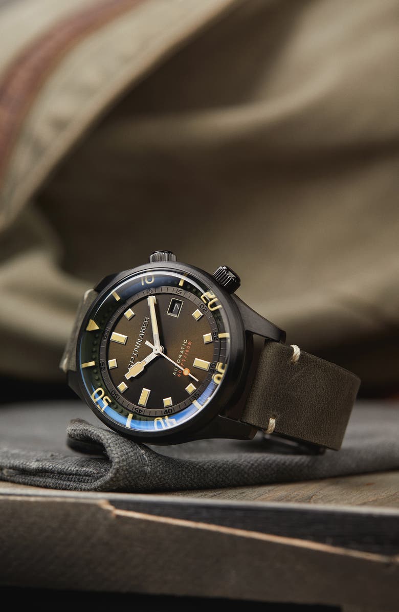 SPINNAKER Bradner Automatic Leather Strap Watch, 42mm, Alternate, color, Green