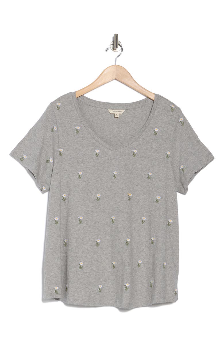 Lucky Brand Embroidered Cotton T-Shirt, Alternate, color, Grey/ Daisy Embroidery