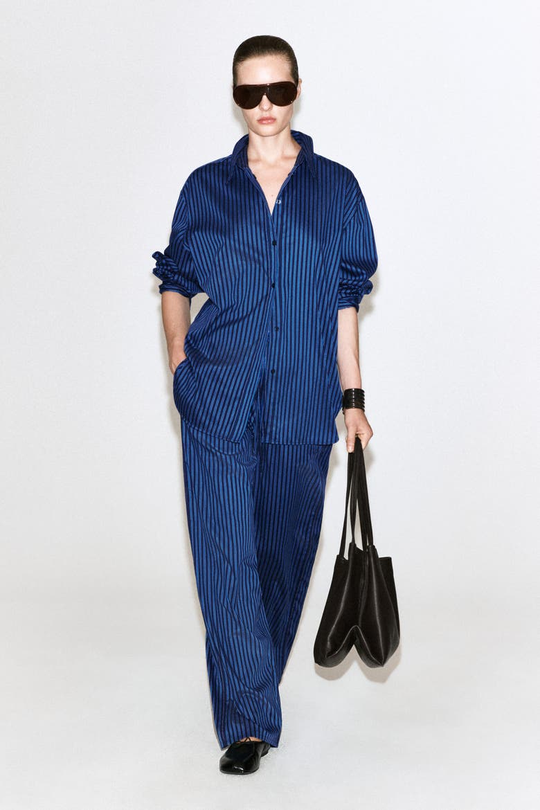 Folded-Cuff Cotton Shirt, Alternate, color, BLUE / STRIPED