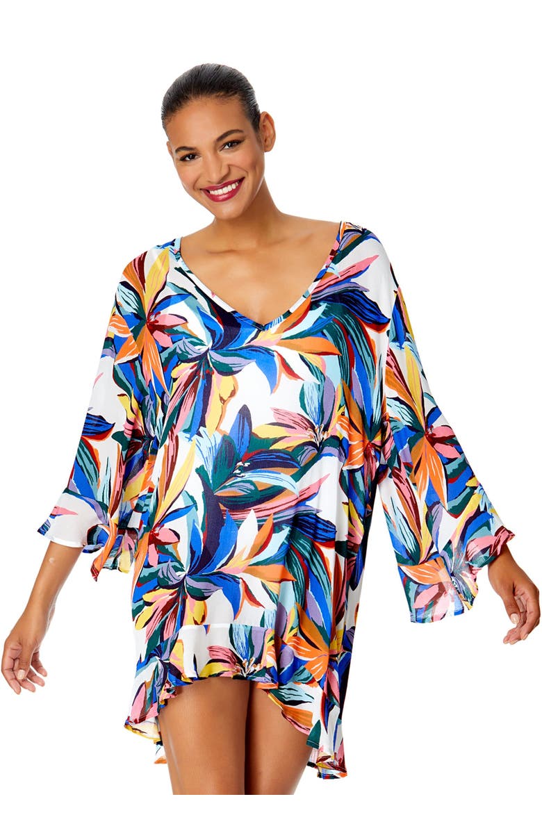 Anne Cole Women's Gradient Floral Flounce V Neck Tunic Swimsuit Cover Up, Main, color, Riviera Floral