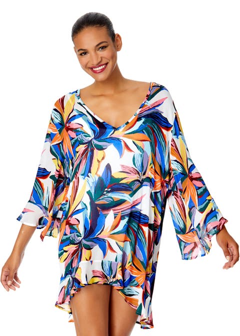 Women's Gradient Floral Flounce V Neck Tunic Swimsuit Cover Up