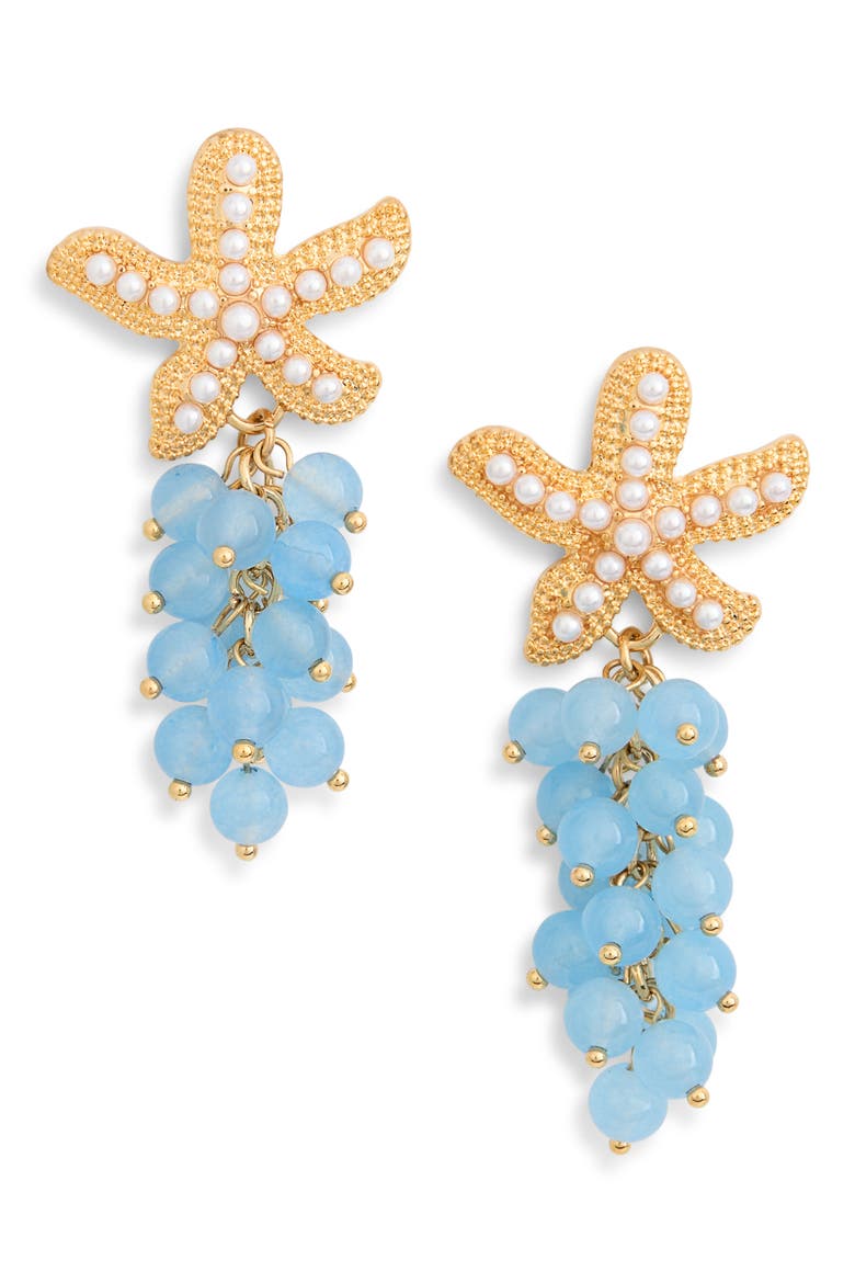 Mariana Starfish Faux Pearl Drop Earrings, Main, color, GOLD