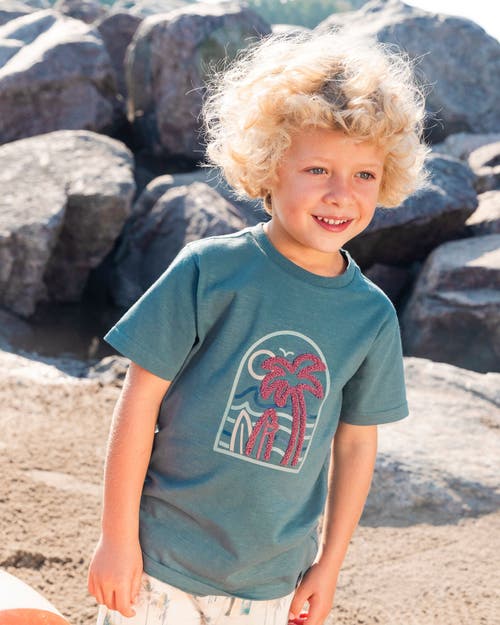 Deux Par Deux Little Boy's Short Sleeve Organic Cotton Graphic Tee Teal And Dark Old Rose In Teal And Dark Old Rose