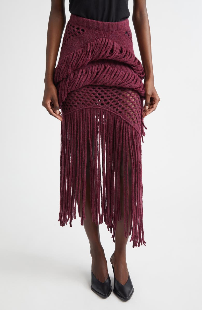 Diotima Medusa Fringed Wool Blend Sweater Skirt, Main, color, Barolo