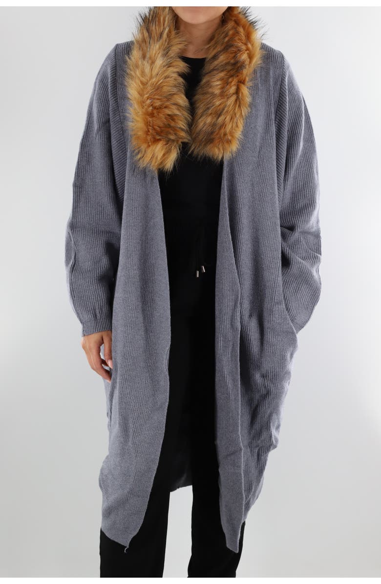 La Fiorentina Knit Cardigan with Faux Fur Collar, Main, color, Grey