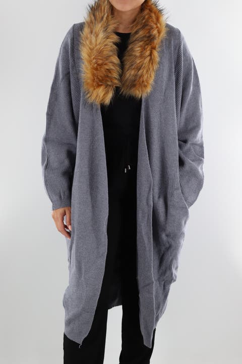 Knit Cardigan with Faux Fur Collar
