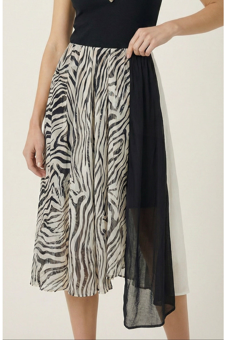 Printed Sheer Overlay Asymmetrical Panel Midi Skirt, Main, color, Black