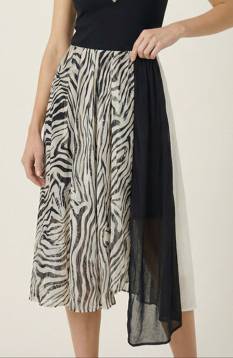 Printed Sheer Overlay Asymmetrical Panel Midi Skirt