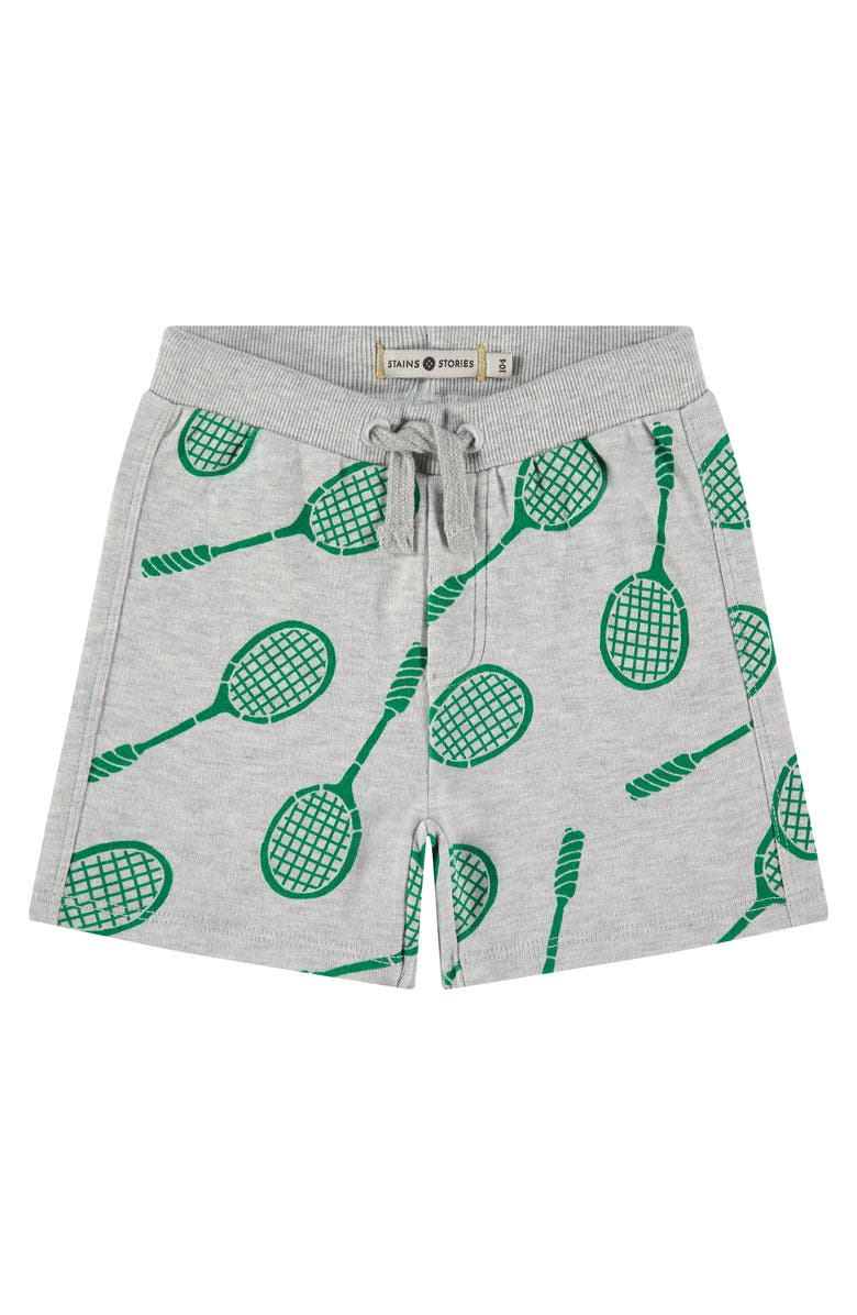 Stains and Stories by Babyface Allover Badminton Racquet Print Sweatshorts, Main, color, Light Grey Melee