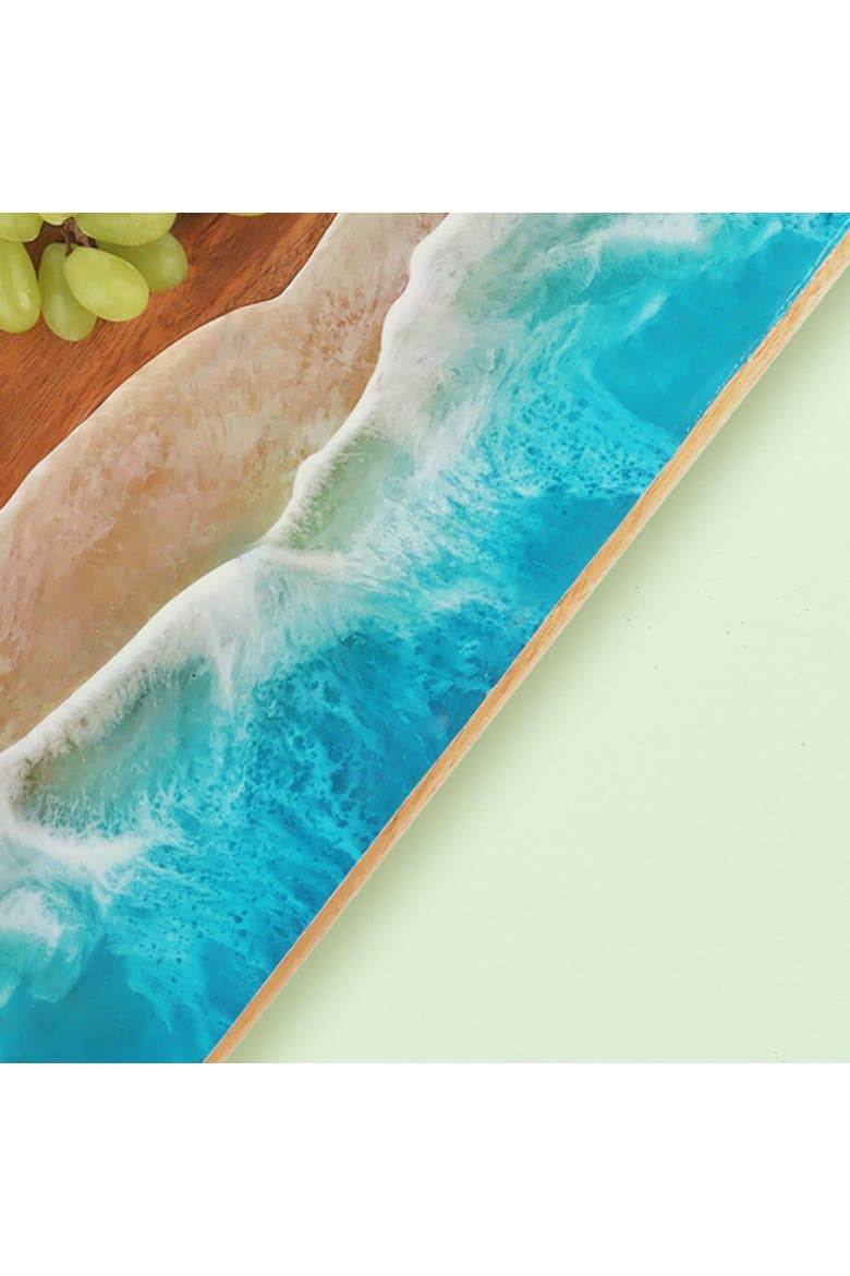 Wave Coastal Wood Novelty Rectangle Serving Tray with Handles, Alternate, color, Blue