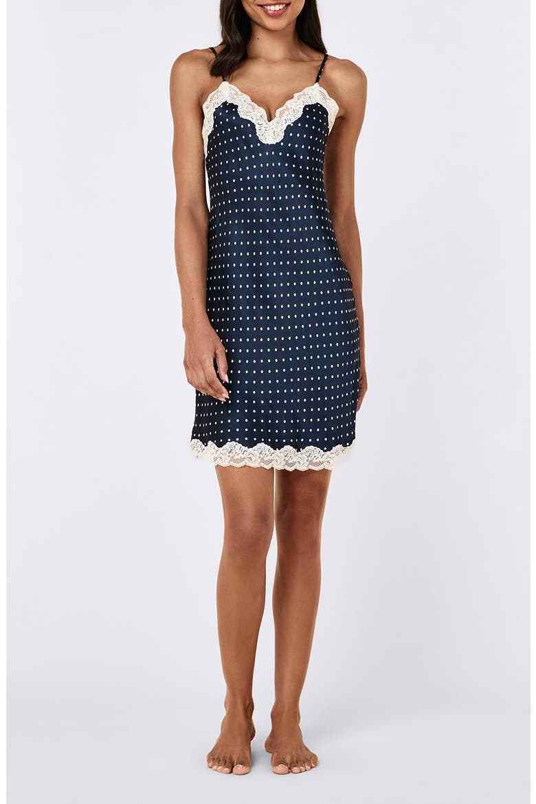 Annabelle Lace Trim Satin Chemise, Main, color, DEEP NAVY/ MINI CREAM SPOT