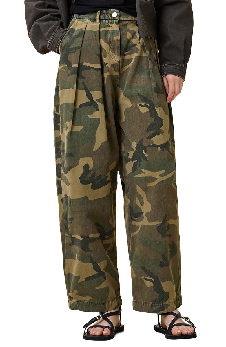 AllSaints Becca Camo Pleated Cotton Trousers, Main, color,