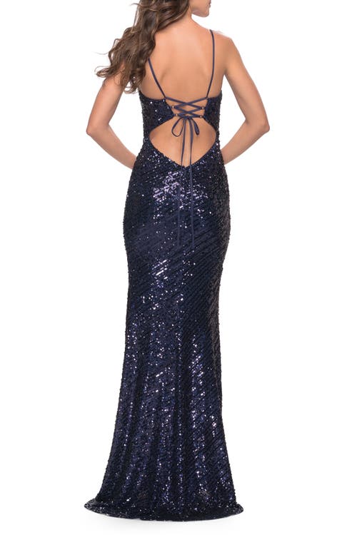 La Femme Long Sequin Dress With Lace Up Strappy Back In Navy