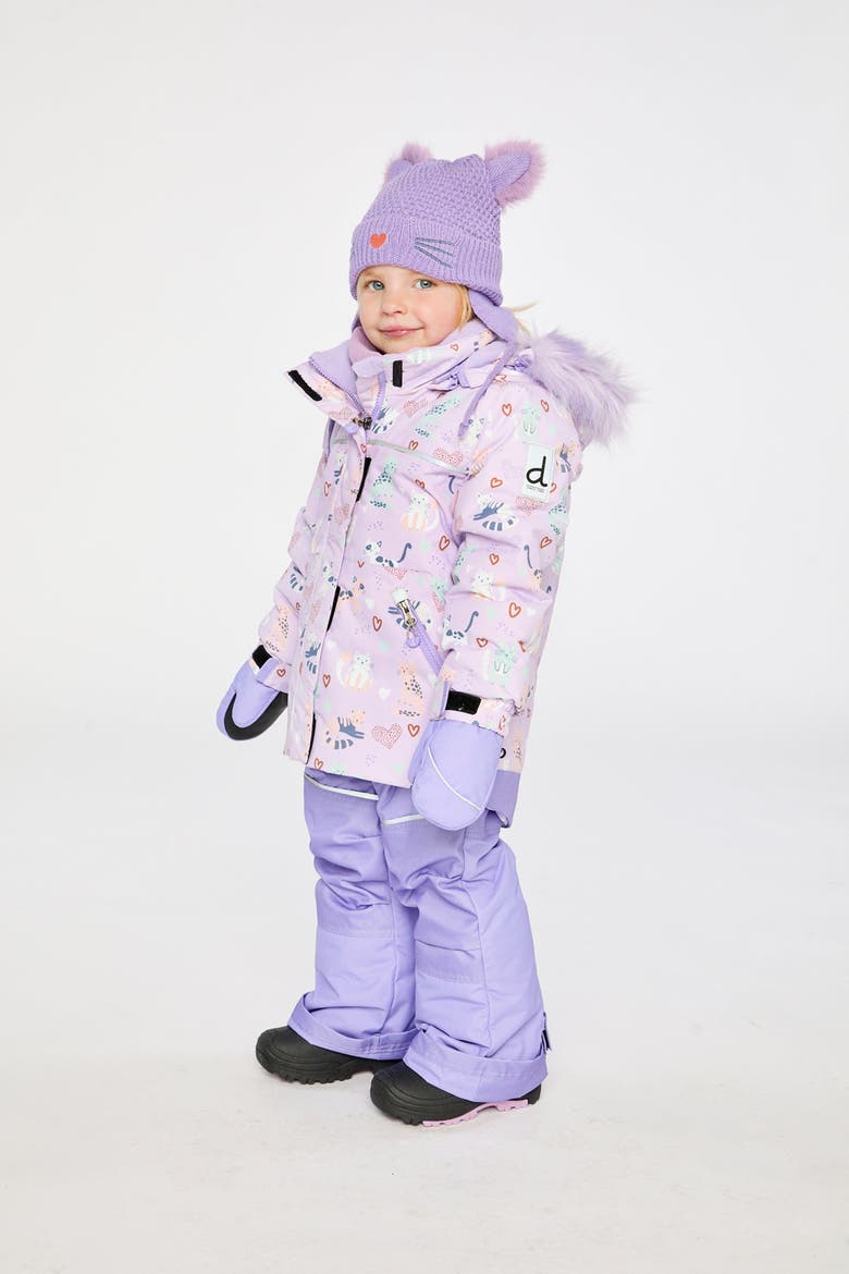 Discover Cats Faux Fur Hood Jacket & Suspender Pants Two Piece Snowsuit, Alternate, color, Purple Printed Cats