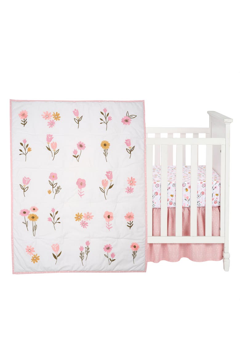Little Garden 3-Piece Embroidered Floral Baby Crib Bedding Set, Main, color, White