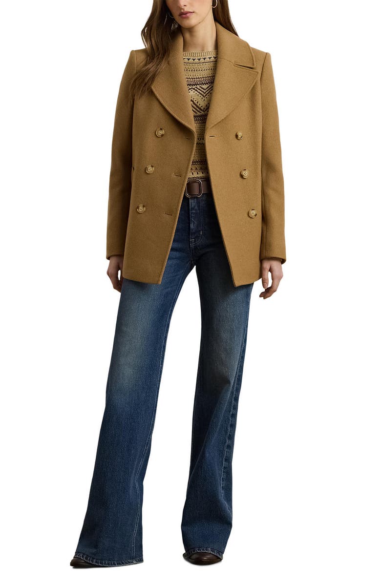 Lauren Ralph Lauren Wool Blend Twill Peacoat, Alternate, color, Camel