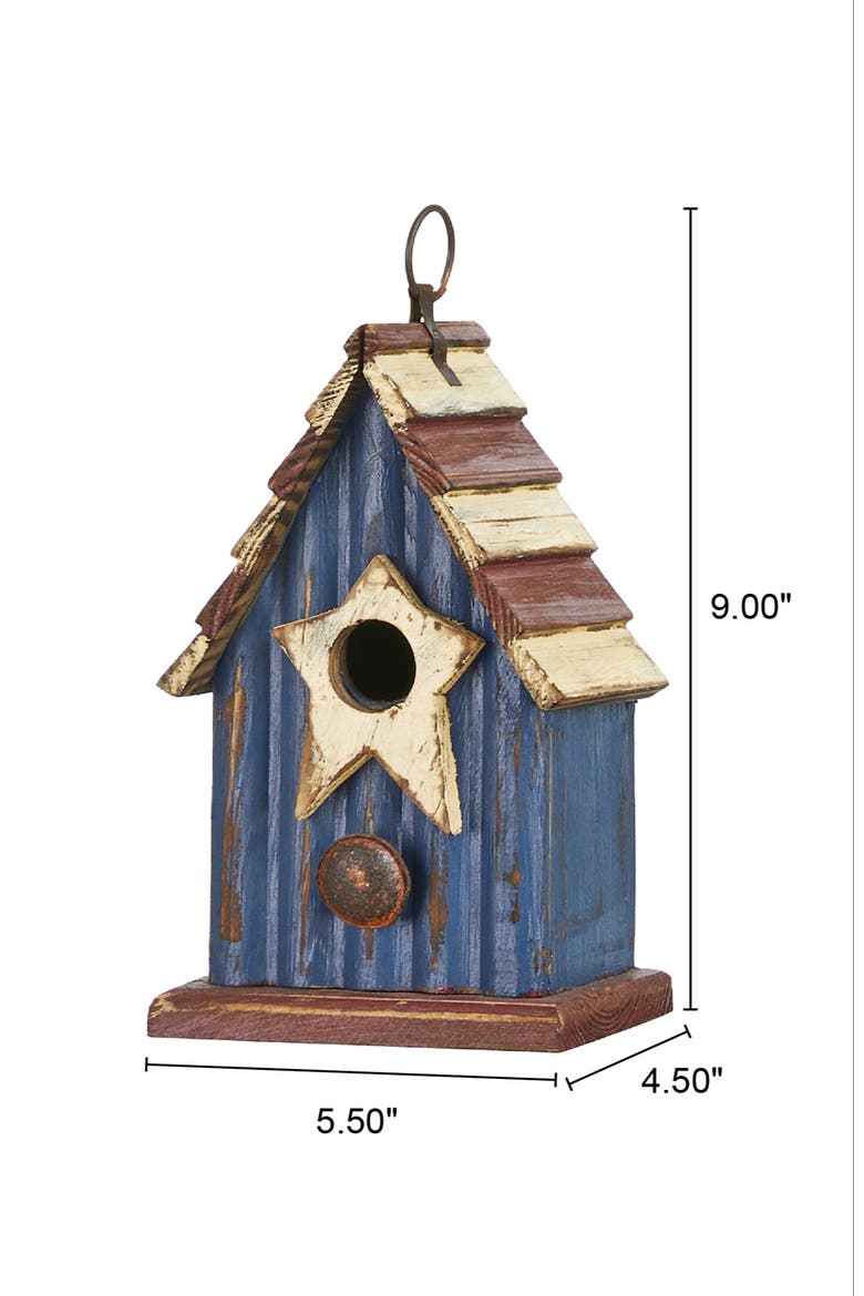 Patriotic Hanging Distressed Solid Wood Decorative Garden Birdhouse with Star, Alternate, color, Blue