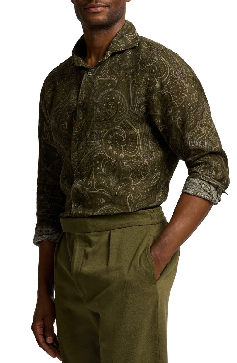 Ralph Lauren Purple Label Rinaldo Paisley Print Linen Button-Up Shirt, Alternate, color, Loden Multi