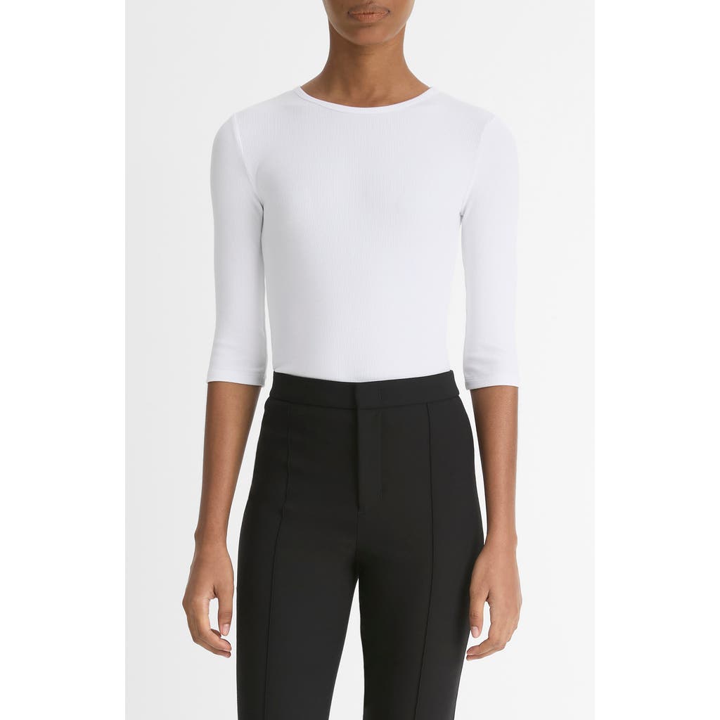 Vince Elbow Sleeve Crewneck Cotton Top In Optic White