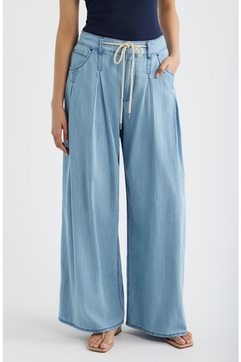 Pleated Drawstring Wide Leg Denim Pants, Main, color, LIGHT INDIGO