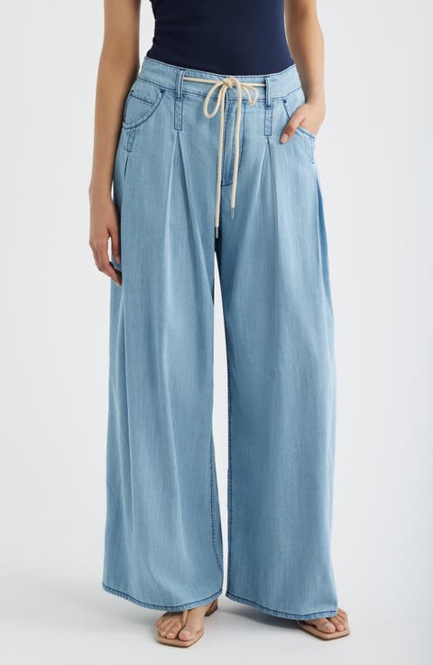 Pleated Drawstring Wide Leg Denim Pants