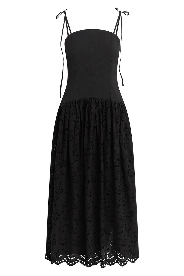 The Mara Eyelet Detail Cotton Midi Dress, Alternate, color, BLACK