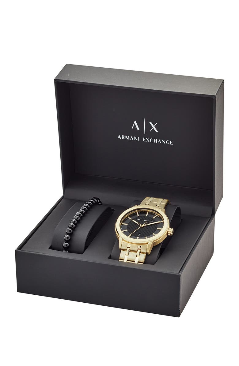 AX Armani Exchange Men's Maddox Brushed Bracelet Watch, 46mm & Beaded Bracelet Set, Alternate, color,