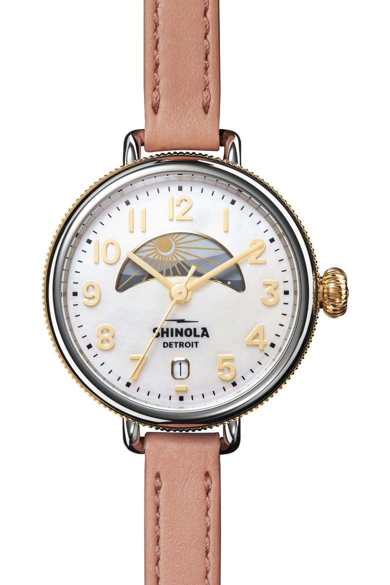 The Birdy Day & Night Leather Strap Watch, 38mm, Main, color, WHITE MOP