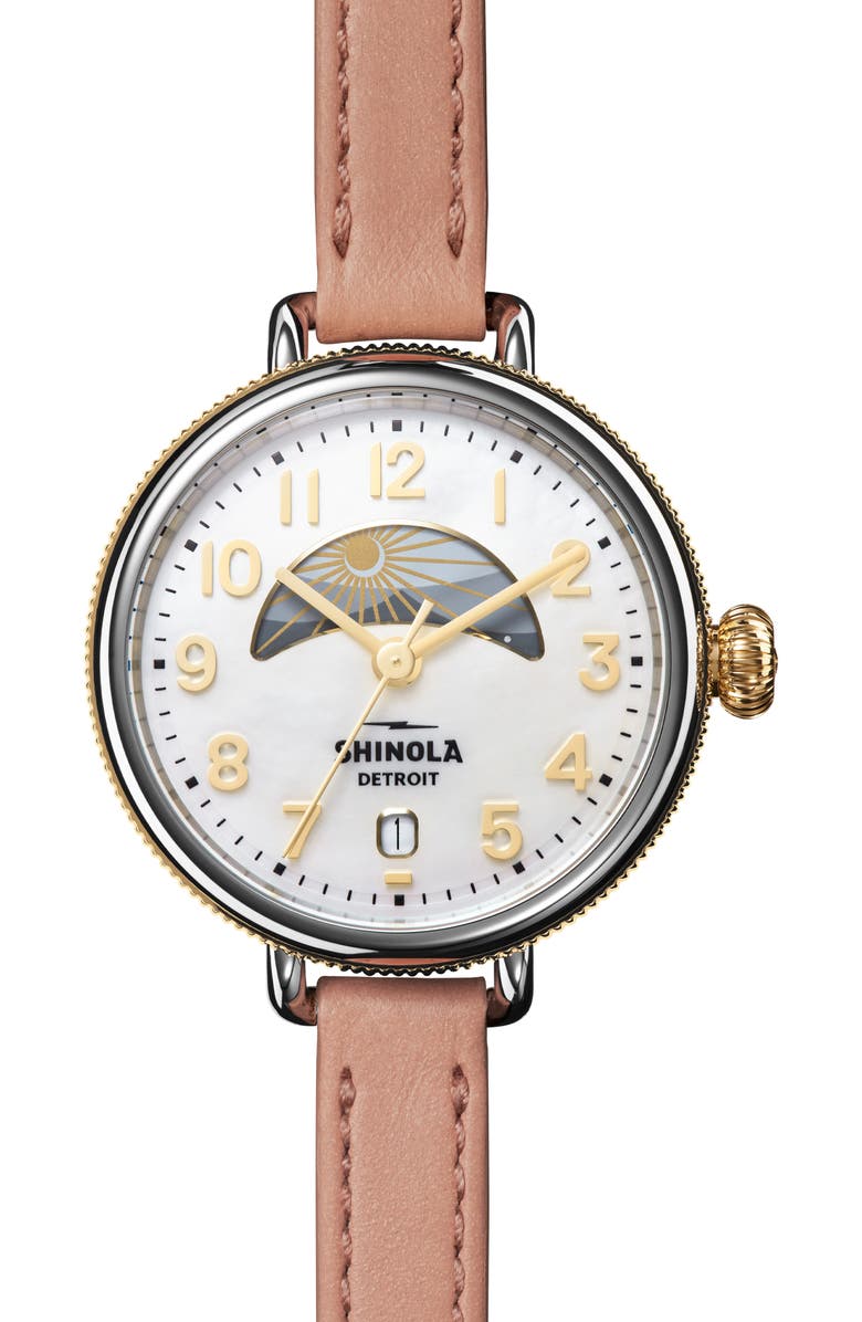 Shinola The Birdy Day & Night Leather Strap Watch, 38mm, Main, color,