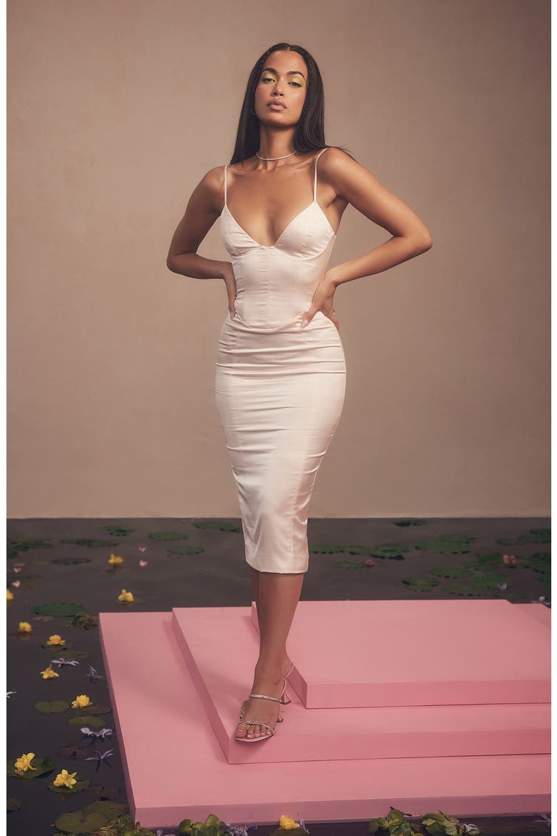 Gisele Corset Satin Midi Dress, Alternate, color, BLUSH