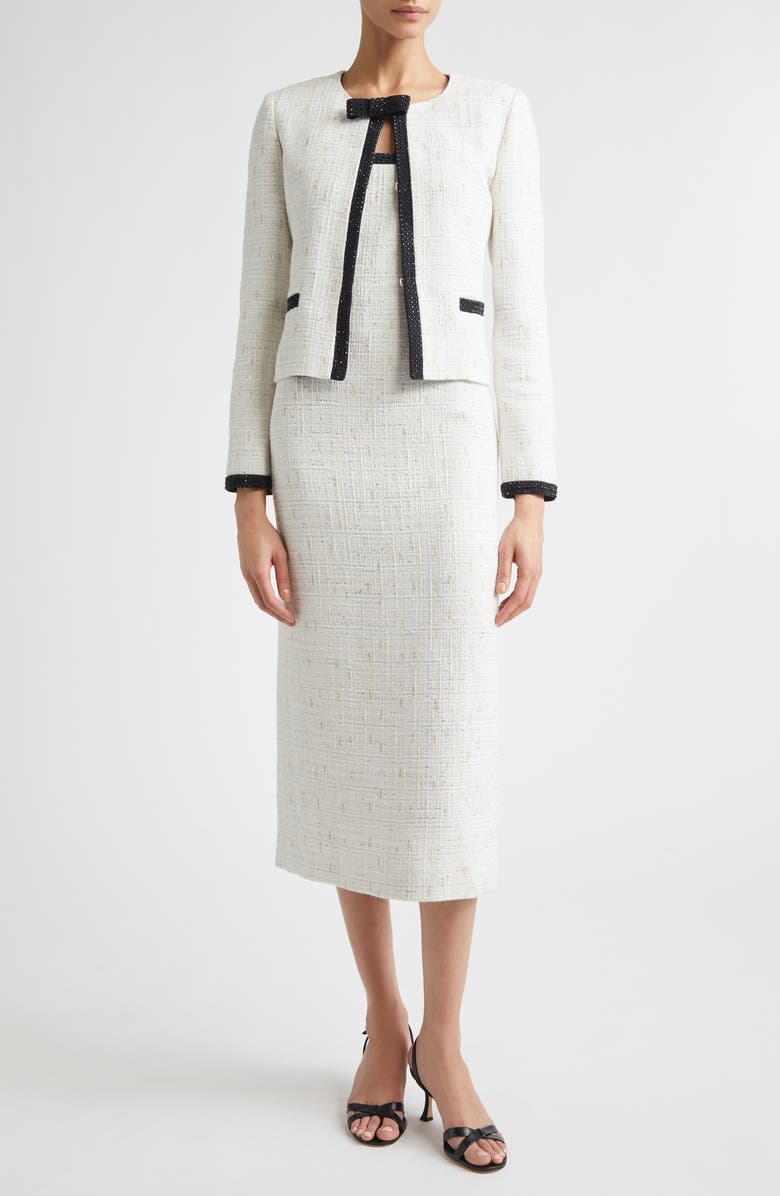 ST. JOHN Cannes Stud Trim Tweed Crop Jacket, Alternate, color, Ecru Metallic/ Black