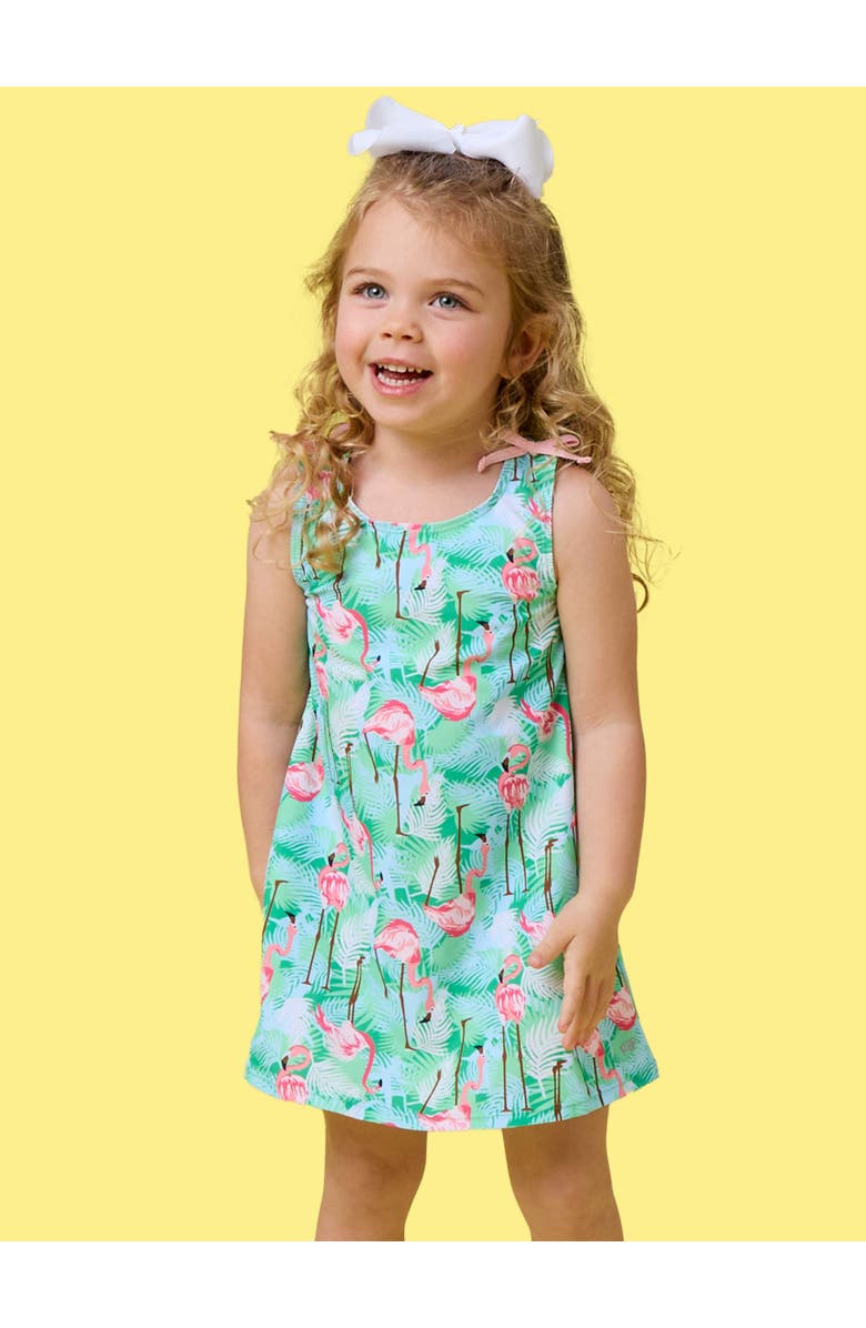 RuffleButts UPF50+ Active A-Line Bow Dress & Bike Short Set, Alternate, color, Green Vibrant Flamingo