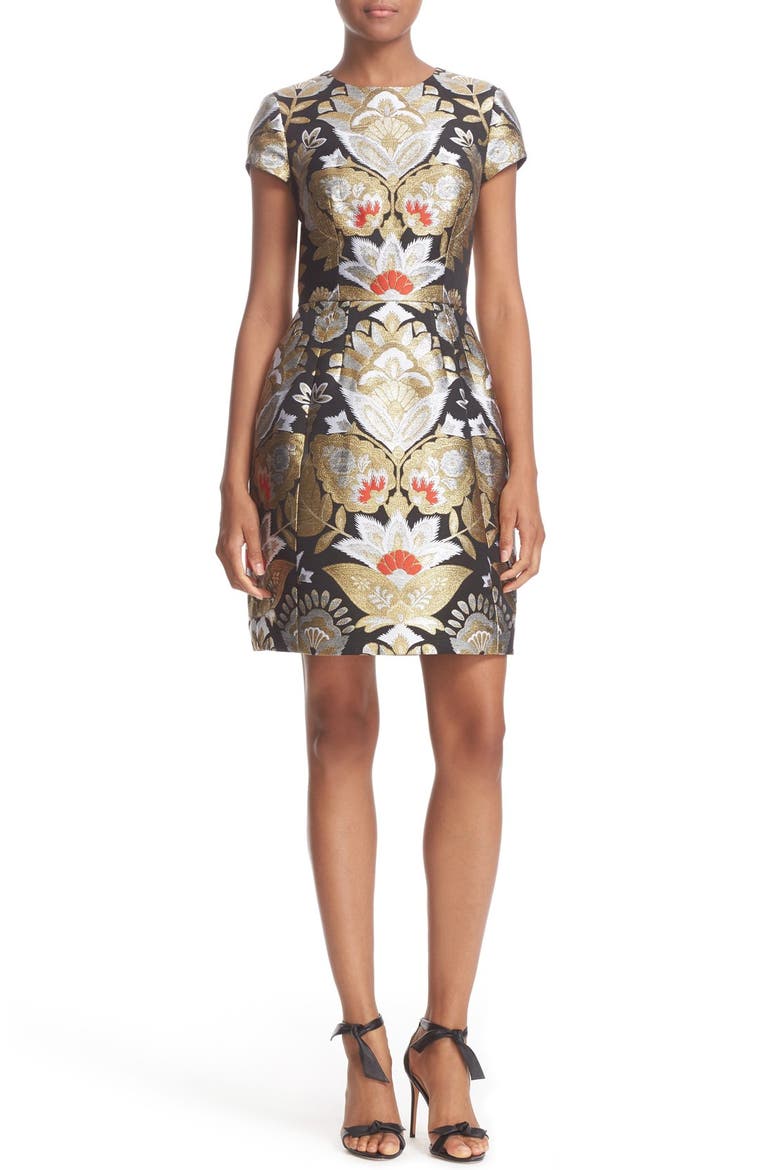 Imoen Opulent Orient Jacquard Fit & Flare Dress, Main, color, BLACK