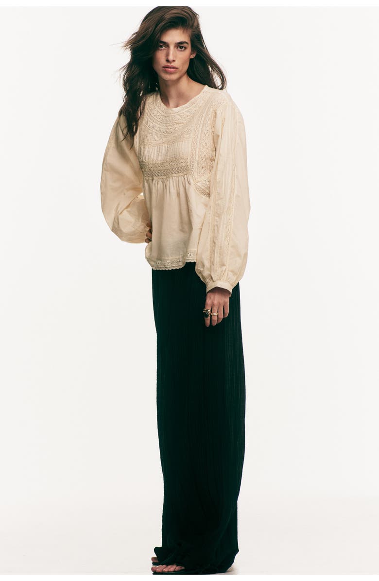 H&M Lace-inset Cotton Blouse, Alternate, color, Light Beige