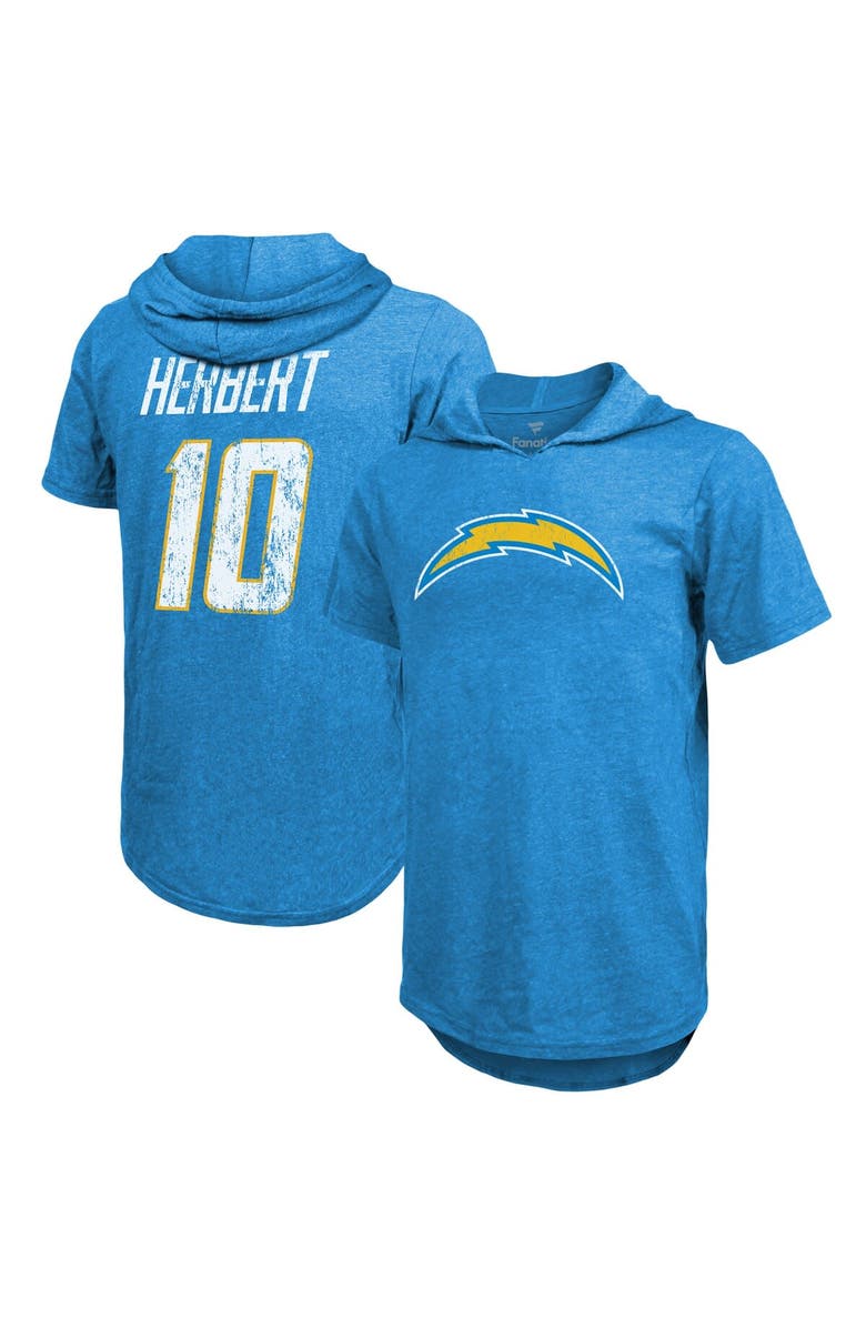 Majestic Threads Men's Majestic Threads Justin Herbert Powder Blue Los Angeles Chargers Player Name & Number Tri-Blend Slim Fit Hoodie T-Shirt, Main, color, 