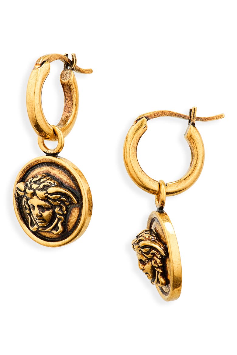 Medusa Drop Hoop Earrings, Main, color, GOLD 82