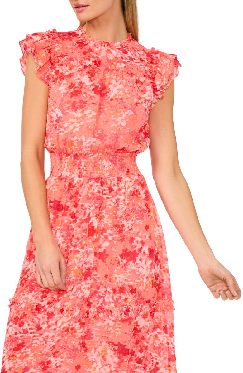 CeCe Floral Flutter Sleeve Smocked Midi Dress, Alternate, color, Deep Sea Coral