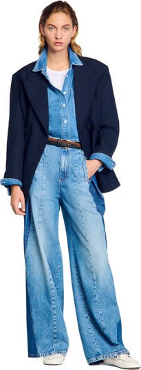 【SANDRO】High Rise Contrast Panel Jeans in Blue Jean Jeans with contrasting panels blue For Women | Sandro Paris