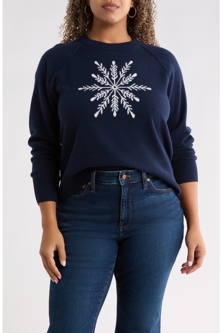 Wool and Cashmere Intarsia Crewneck Sweater, Main, color, NAVY- IVORY SNOWFLAKE