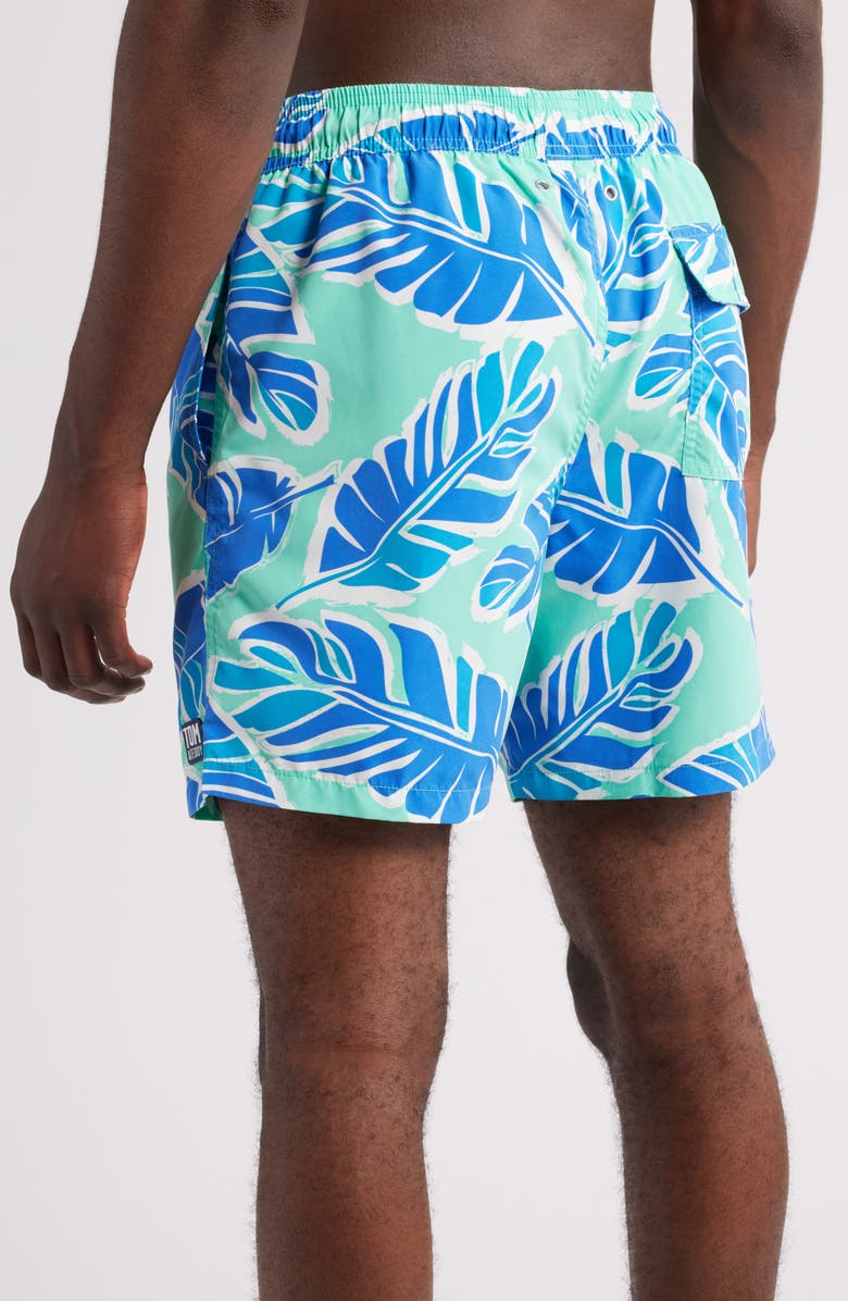 Tom & Teddy Palm Leaf Print Swim Trunks, Alternate, color, Green Blue
