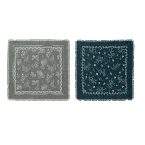 4-Piece Square Linen Printed Napkins with Pine Bough Patterns and Frayed Edges, Teal, Sage and Cream Color