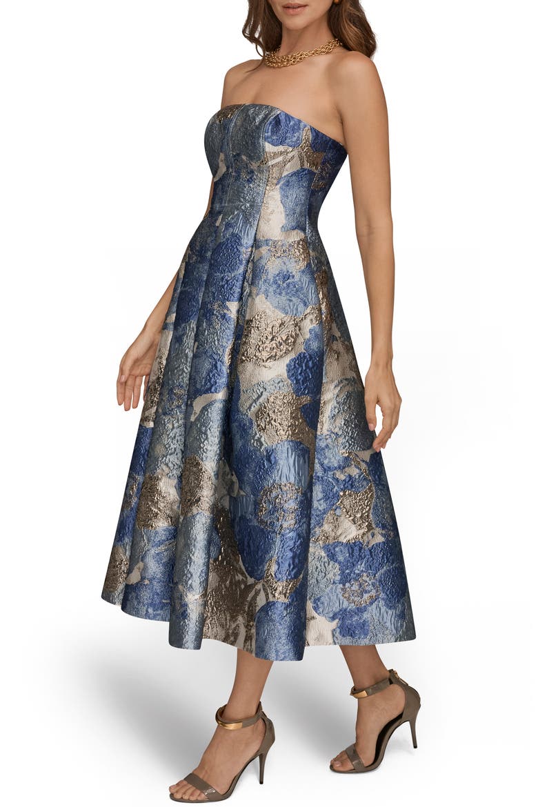 Floral Strapless Fit & Flare Midi Cocktail Dress, Alternate, color, WASHED INDIGO MULTI