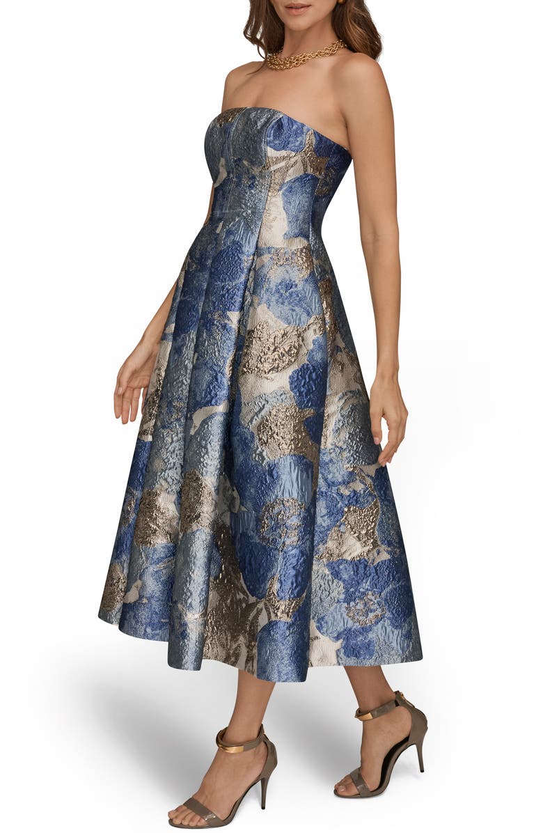 Donna Karan New York Floral Strapless Fit & Flare Midi Cocktail Dress, Alternate, color, Washed Indigo Multi